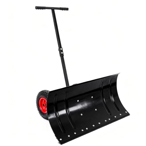 Snow Shovel with Wheels,29' Wide Metal Snow Pusher Shovel with 15' Height &10' Wheels,Adjustable Angle&Height Handle,Effortless Snow Removal,Ergonomic Design for Driveway&Sidewalk (Black Single Rod)