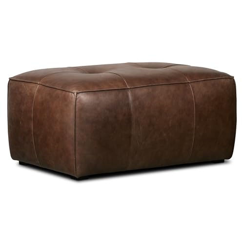 Image of Poly & BARK Capa Ottoman - 37 inch Rectangle Pouf with Feather-Down Topper - Full-Grain Leather Upholstered Pouf Ottoman for Living Room - Vintage Italian Leather in Chocolate Brown