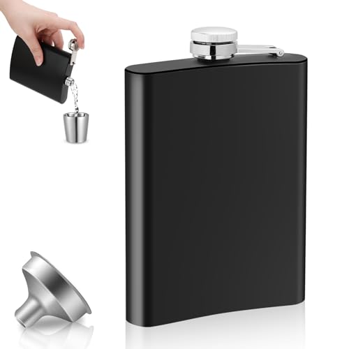 Flachmann Edelstahl Flachmänner mit Trichter Whisky Hip Flask 8oz / 230 ml Flask Set für Männer Frauen Geschenk Hochwertig Taschenflasche Schwarz Kleiner Flachmann für Wandern Klettern Camping