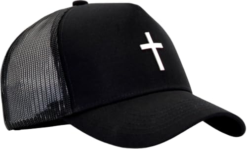 Image of Christian Jesus Cross Faith Hat, Religious Gifts forThanksgiving Christmas | 5 Panel Structured Mesh Back Trucker Baseball Cap, Adjustable Snapback Streetwear Dad Ball Hats for Men Women