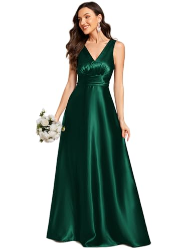 Ever-Pretty Women's Spring Satin V Neck Formal Wedding Guest Dress Floor Length Empire Waist Prom...