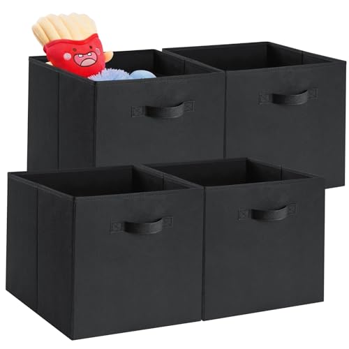 Homneat 13 inch Storage Cubes 4 Pack, Foldable Fabric Cube Storage Bins 13 inch with Handle, Collapsible Storage Bins for Cabinet and Shelf, Cubical Storage Boxes for Closet Organizer Storage, Black