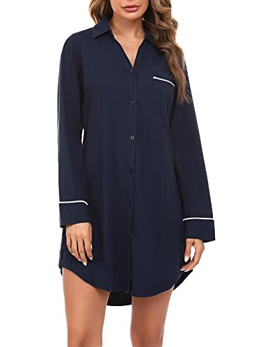 Doaraha Nachthemd Damen mit Knöpfen Langarm Schlafshirt Sexy Knopfleiste Boyfriend Sleepshirt mit Kragen (Dunkelblau, XL)