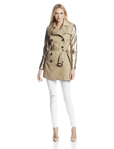 BCBGeneration Women's Double-Breasted Trench Coat with Leather Sleeves