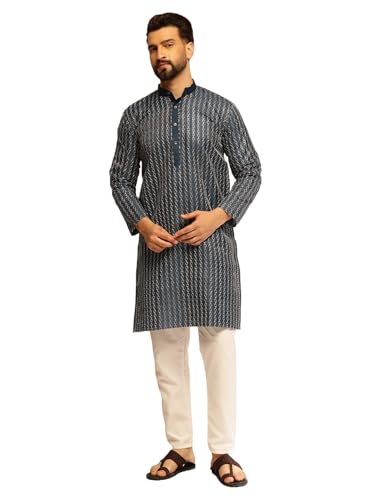 Image of SOJANYA (Since 1958 Men's Silk Blend Contrast White Thread Detailing Kurta With White Pyjama