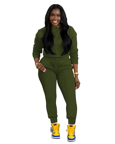 TOPSRANI Womens Two Piece Outfits Bodycon Tracksuit Sweatsuits Hoodie Solid Jogger Biker Workout Lounge Long Sleeve Pant Sets Green XL