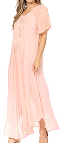 Image of Sakkas Egan Long Embroidered Caftan Dress /Cover Up with Embroidered Cap Sleeves