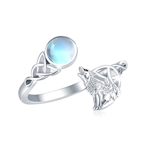 SOESON Wolfs Anéis de prata de lei 925 Celtic Knot Moonstone anéis ajustável anel animal anéis presente do dia dos namorados jóias para mulher, 8#, prata de lei, Prata esterlina