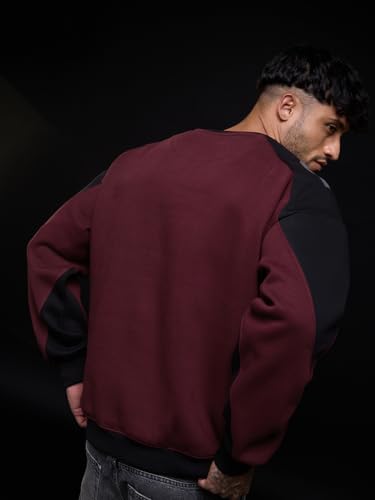 Image of The Souled Store Deadpool: Red Menace Men and Boys Long Sleeve Round Neck Burgundy Colour-Block Cotton Blend Drop Shoulder Streetwear Winter Ready Causual Heavy Fleece Oversized Fit Sweatshirt