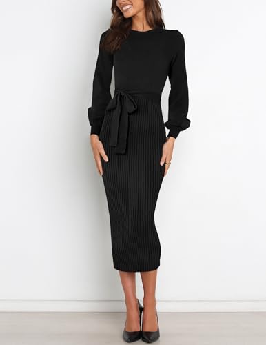 Image of HAEOF Womens 2026 Fall Midi Sweater Dress Winter Puff Long Sleeve Bodycon Ribbed Knit Trendy Business Casual Work Dresses