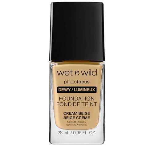 Wet n Wild Photo Focus Dewy Foundation, Base de Maquillaje Líquida Hidratante Piel Normal/Seca, Acabado Luminoso Modulable, Cream Beige