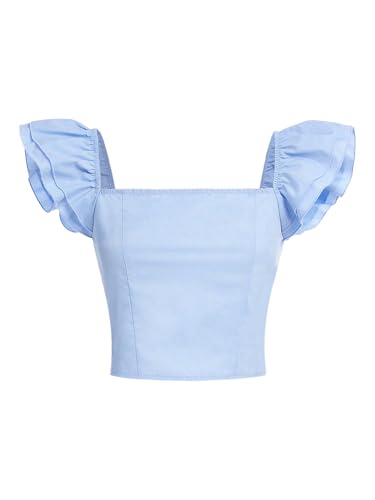 OYOANGLE Girl's Ruffle Cap Sleeve Slim Fitted Crop Top Square Neck Smocked Tops