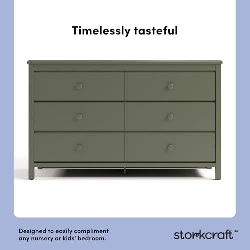 Image of Storkcraft Alpine 6-Drawer Dresser (Olive) - GREENGUARD Gold Certified, Green Dresser for Bedroom, Kids & Nursery Storage Drawers, Safety Interlocking Drawers, Pre-Installed Tracks, Kids Bedroom