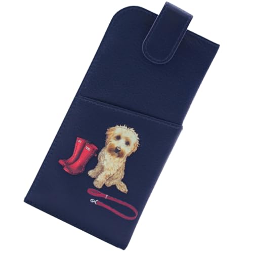 Étui à lunettes large cuir véritable bleu marine fermeture magnétique chien