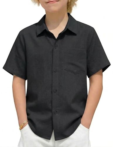 Arshiner Jungen Hemden Leinen Sommer Kinder Leichtes Kurzarmshirt Freizeit Komfort Hemd für Jungen 14-15 Jahre Schwarz