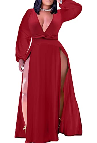 Ekaliy Damen Plus Size Ärmelloses Tiefer V-Ausschnitt Vorne Split Lange Maxi Wickelkleid, 2#Weinrot, 5X-Groß