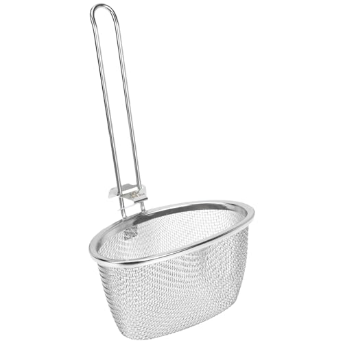 Hemoton Stainless Steel Fine Mesh Spider Strainer Mesh Pasta Basket Flat Cylinder Wok Colander Fry Basket for Pasta Noodles Dumpling Ramen Rinsing Boiling 24.5x14cm