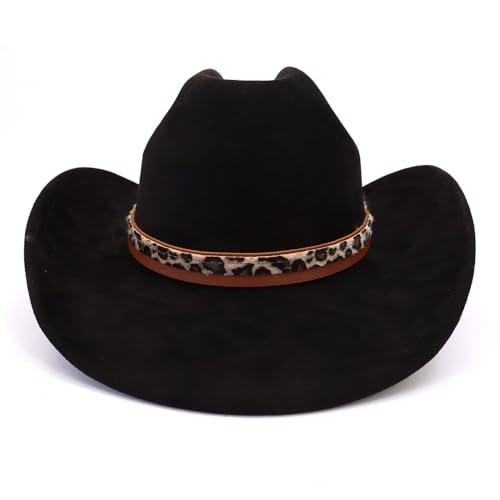 Image of Classic Suede Cowboy Hat for Adult Wide Brim Western Cowgirl Hat Women Fedora Hat with Leopard Print Hatband