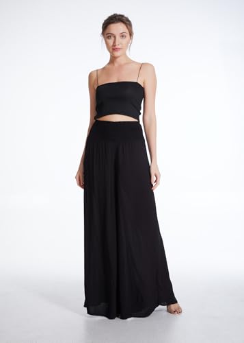 Women's Flowy Wide Leg Palazzo Pants, Loose Elastic High Waisted Beach Casual Culottes2
