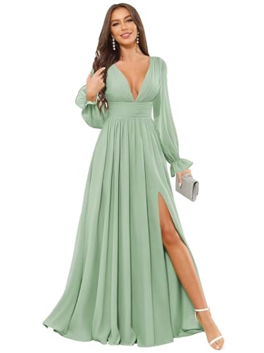 Rvzcn Plus Size Bridesmaid Dresse Long Sleeve Chiffon Sage
