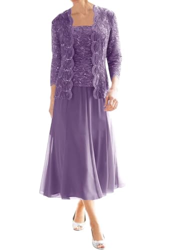 Mother of The Bride Dresses for Wedding Tea Length Lace Chiffon Formal Dress 2 Piece Grandmother Dresses with Jackets4