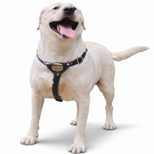 DOGDOM Soft Leather Dog Harness with American Flag Emblem and Padded Chest Plate &ndash; Adjustable No...