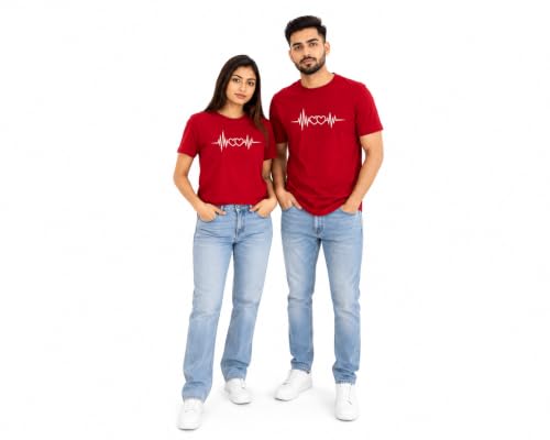 Image of Matching Couple T Shirt for Men & Women | Heartbeat Printed Cotton Couple T-Shirt | Round Neck Half Sleeve Regular Fit | Valentine's Day, Pack of 2 | Red
