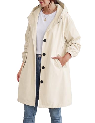 CMTOP Gabardina Mujer Larga con Capucha, Elegante Sola Botonadura Gabardinas Casual Ligera Trench Mujer, Cortaviento Abrigo Chaqueta con Bolsillos para Primavera Otoño(Beis,L)
