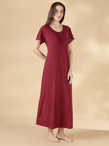 Image of 9shines Label Stylish Soft Modal Maxi Nighty | Honeymoon Nighty | Full Length Trendy Nightgown | V-Neck Lace | Premium Nightdress | Soft Long Nightdress | Maxi Gown Nightwear for Women (Malai Satin)