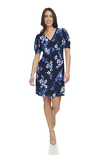 Image of Tommy Hilfiger Women's Short Puff Sleeve V-Neck Shift Mini Dress