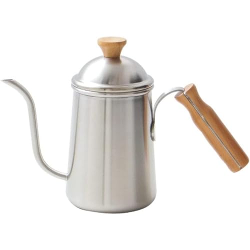 AOPIPI 和風コーヒーポット 木製ハンドルと蓋付き 650ml、注ぎ口が細いドリップポット 直火またはIHクッキングヒーターに対応。ステンレス製。ご家庭、業務用、アウトドアキャンプ、ドリップコーヒーに最適です (シルバー)