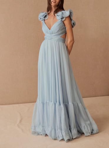 Lawrncedw Chiffon Ruffle Prom Dress for Women V Neck Long Bridesmaid Dresses Backless Formal Evening Gowns A Line3
