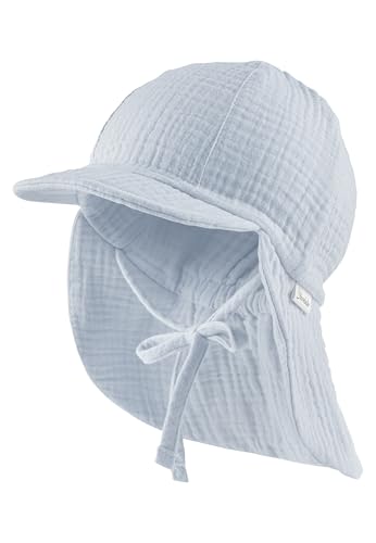 Sterntaler Schirmmütze Nackenschutz Musselin Bio-Baumwoll-Musselin mit Sonnenschutz Bindeband und weichem Innenfutter Schutz vor UV-Strahlen 50+ Hellblau Größe 53