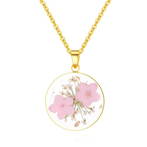 WESIHOO Collier de fleurs sauvages pressées de myosotis roses et de carotte sauvage | Collier de fleurs pressées dorées | Bijou myosotis | 45 cm