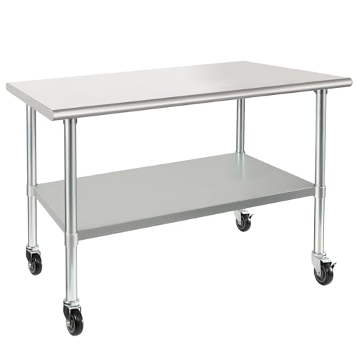 Image of HARDURA Stainless Steel Table with Wheels 30 x 48 Inches Casters NSF Heavy Duty Commercial Work & Prep Table with Undershelf and Galvanized Legs for Restaurant Kitchen Bar and Hotel Garage