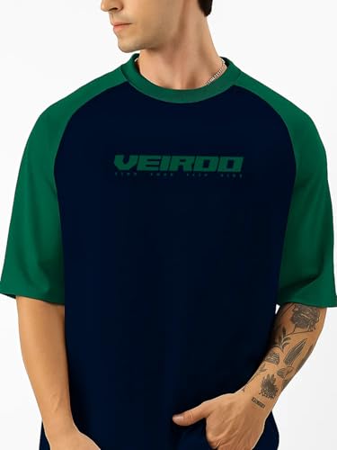 Image of Veirdo 100% Pure Cotton Oversized Loose Baggy Fit Drop Shoulder Round Neck Cool Front Chest Typographic Logo Printed Raglan Sleeve T-Shirt for Men (Colors: White, Black, Swanwhite, Beige & Grey)