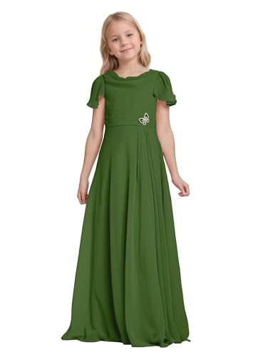 Junior Bridesmaid Dresses for Teen Girls Ruffle Sleeve Chiffon Long Flower Girl Dress for Wedding Party Pageant Gown