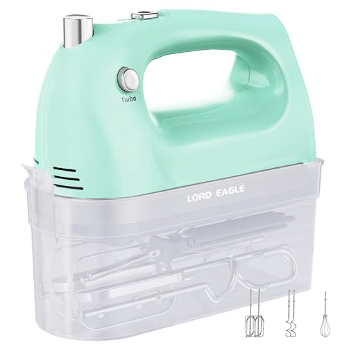 Image of Lord Eagle Hand Mixer Electric Handheld 400W, 5-Speed Lightweight Kitchen Mixer with Storage Case, 5 Stainless Steel Attachments for Baking Cake Egg Cream Food Beater, Turbo+Eject Button, Green