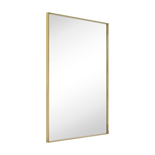 Image of TEHOME Gold Bathroom Vanity Mirror with Squared Corners, 20x28'' Brushed Brass Rectangle Stainless Steel Metal Framed Mirror for Bathroom