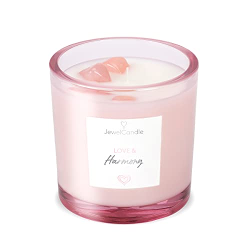 JuwelKerze Edelstein Kerze Love & Harmony - 60 Std - Mit Rose Quartz Stein - Große Duftkerze Mit Blumigem Duft - Kristall Deko - Geschenke für Frauen, Geburtstag