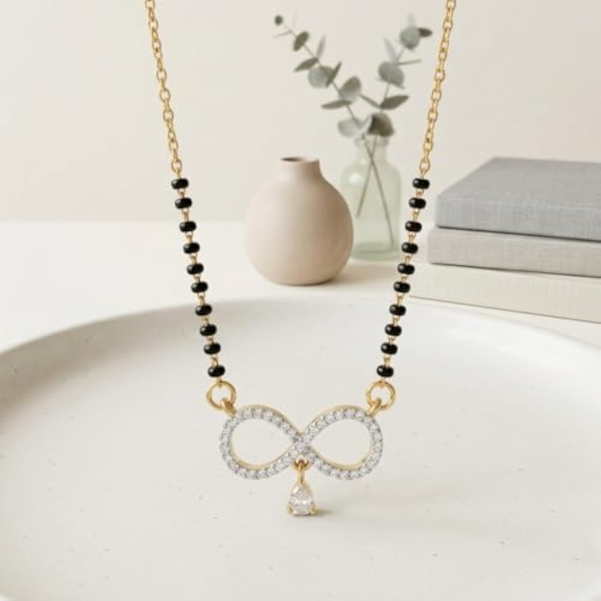 Gold Plated Infinity Pendant Short Mangalsutra with American Diamonds