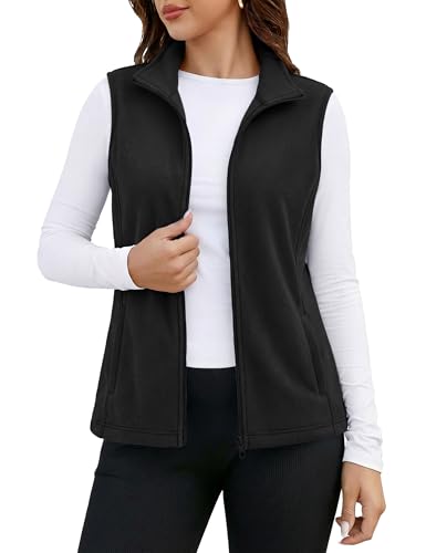 MAGCOMSEN Black Vest Women Polar Fleece Lined Athletic Vest Winter Outerwear Sleeveless Zip Jacket Black 2XL