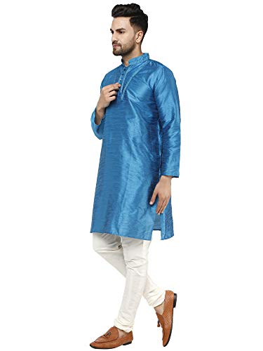 Image of SKAVIJ Men's Dupion Silk Embroidered Kurta Pajama Mandarin Collar Ethnic Motifs Festive Party Dress