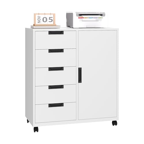 LISSIMO Office Storage Cabinet, 5 Drawer Dresser Chest, Printer Stand with Storage Shelves, Mobile Metal Cabinet, Craft Storage Drawers for Home (White)