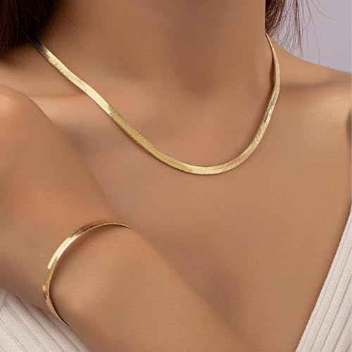 Otxas Golden Herringbone Choker Necklace for Women Snake Chain Necklace and Bracelet Set Flat Necklaces and Bracelet Set Snake Chain Jewelry2