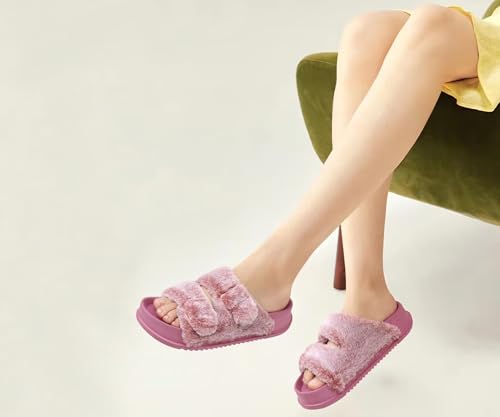 Image of KuaiLu Women's Fluff Slippers Plantar Fasciitis Arch Support Platform Slippers Ladies Fashion Open Toe Faux Fur Sliders Womens House Slipper Size 6-12