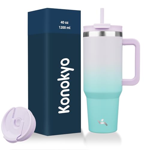 Image of Konokyo 40 oz Insulated Tumbler Water Bottle with Handle, Straw Lid | BPA-free and dishwasher safe; made for gym, travel, coffee and gifting, 2 straws, cup holder friendly,Lavender Green
