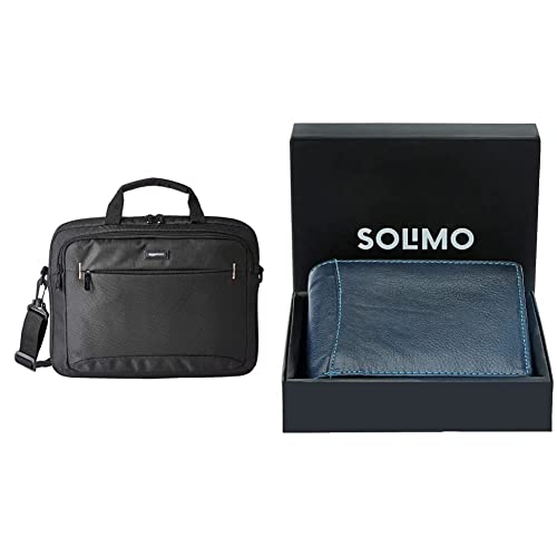 Image of AmazonBasics 14-Inch Tablet Bag, Black and Amazon Brand - Solimo Men's Genuine Leather Wallet, RFID Blocking, Blue