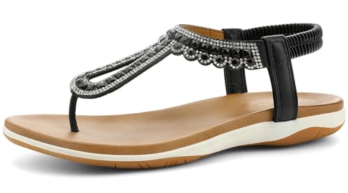 Image of UBFEN Womens Flat Sandals with Arch Support - T-Strap Thong Sandals with Elastic Back Strap, Comfortable for Walking, Bling, Rhinestone, Dressy