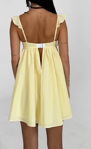 Image of NUFIWI Y2K Ruffle Hem Babydoll Mini Dresses Square Neck Spaghetti Strap Short Dresses Boho Flowy Patchwork Sundress Vocation